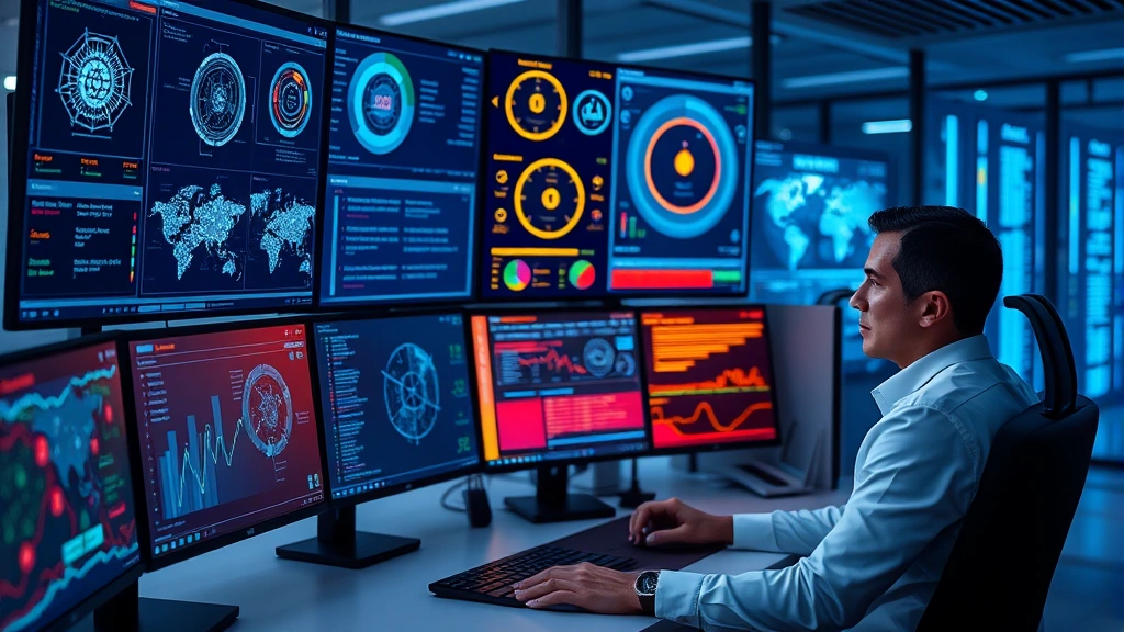 Professional cybersecurity analyst monitoring multiple digital security dashboards with glowing network nodes and threat indicators, sitting at modern workstation in secure facility