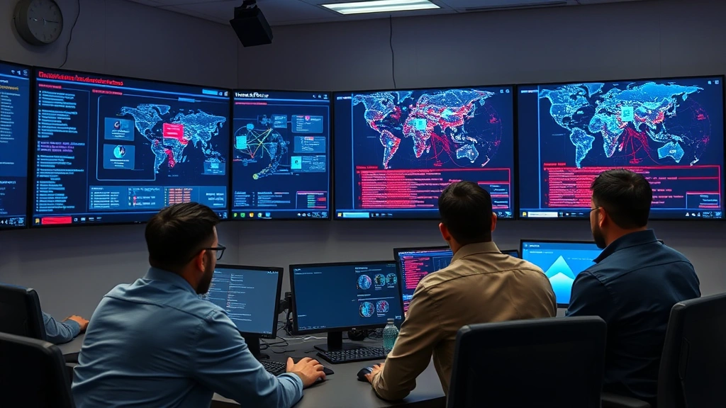 Team of security professionals in operations center reviewing real-time threat intelligence on large wall-mounted screens showing network topology and attack prevention