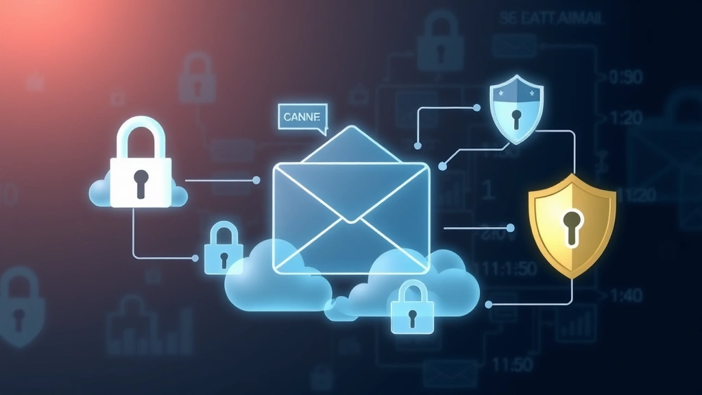 Digital representation of email security scanning process showing data flowing through cloud security layers, with lock icons and shield symbols protecting messages in transit
