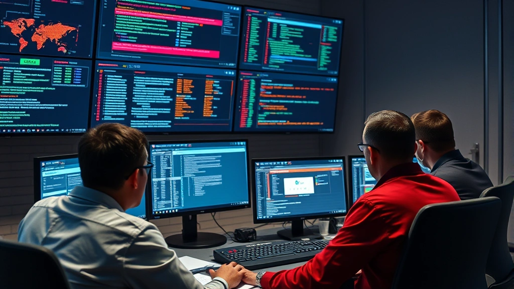 Team of security professionals in command center monitoring real-time threat intelligence feeds and email security alerts on multiple displays, collaborative incident response environment