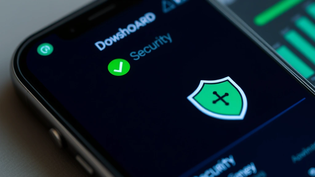 Close-up of smartphone screen displaying security status dashboard with green checkmark and shield icon, professional cybersecurity interface, modern Android device