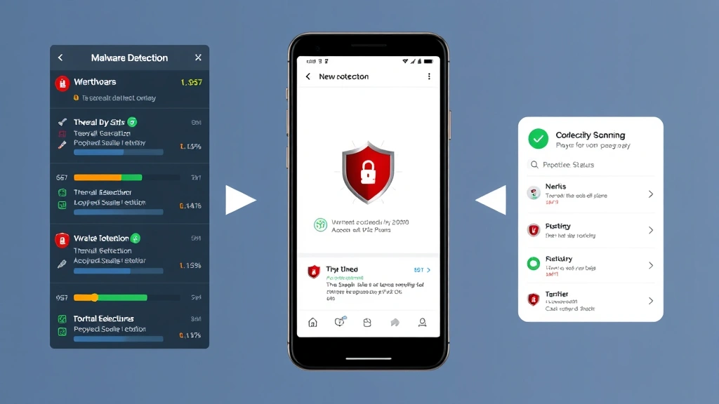 Split-screen showing mobile malware detection process with threat indicators, security scanning visualization, and protection status on smartphone display