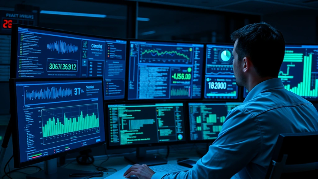 Cybersecurity professional analyzing threat intelligence on multiple monitors, displaying network security dashboard with real-time threat detection systems, blue and green data visualizations on dark background, professional office environment