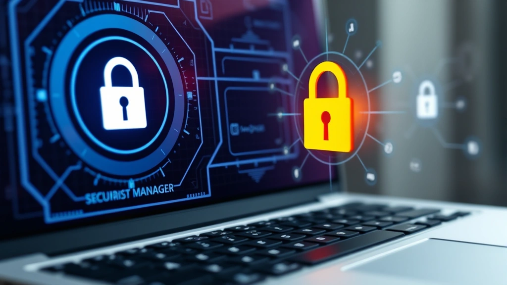 Close-up of secure password entry interface with encrypted vault visualization, digital lock symbols and shield icons floating above a laptop keyboard, representing password manager security and data encryption