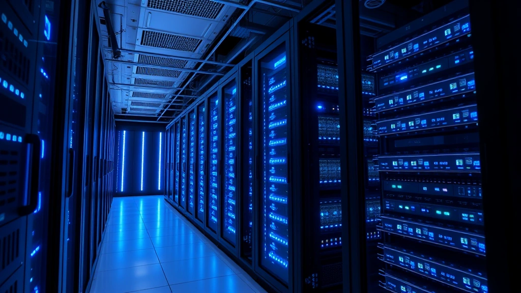 Modern data center with server racks illuminated by blue LED lights, representing cloud infrastructure and secure data storage, multiple security layers visible through visual metaphor, professional cybersecurity environment