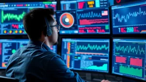 Professional cybersecurity analyst monitoring multiple security dashboards with real-time threat data and network activity visualization on high-tech control center screens