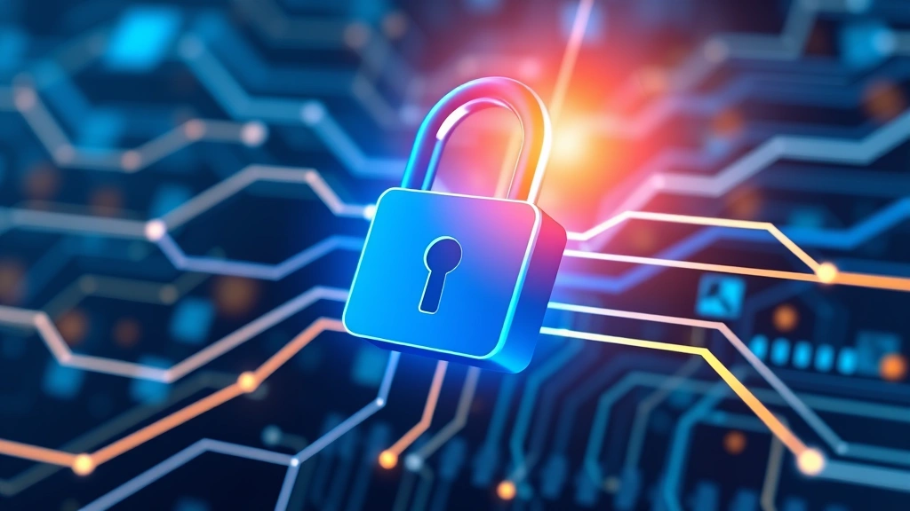 Digital lock icon with glowing security shield protecting encrypted data streams flowing through network infrastructure, representing data encryption and protection