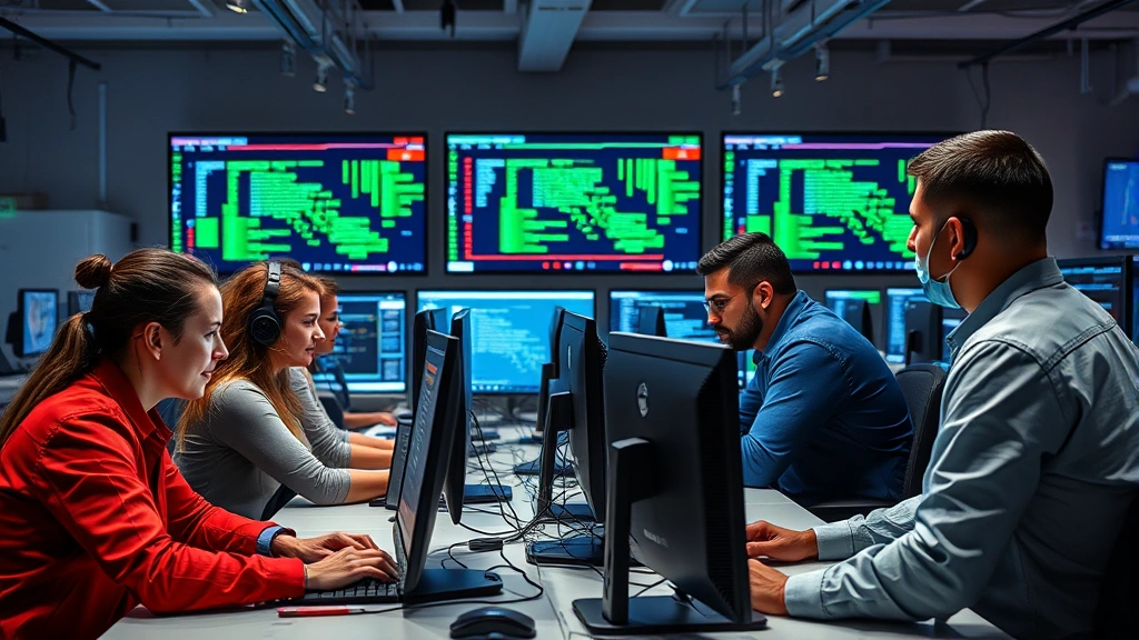 Diverse team of cybersecurity professionals collaborating at workstations with security monitoring tools, demonstrating incident response and threat detection operations