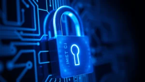 Close-up of a padlock glowing with blue digital light on a dark background, representing data encryption and cybersecurity protection