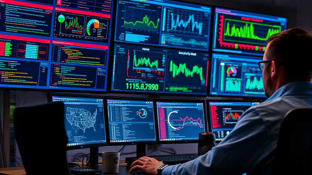 A network security analyst monitoring multiple screens displaying real-time threat detection alerts and security dashboards in a modern security operations center
