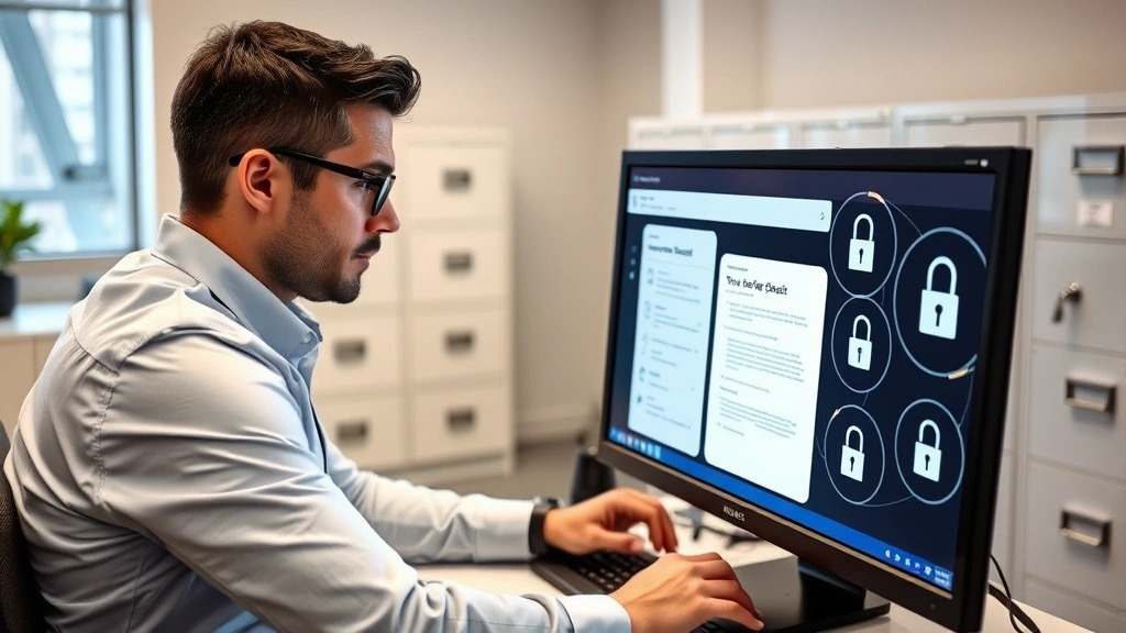 Professional landlord reviewing security deposit documentation on secure computer workstation with encrypted files and multi-factor authentication interface visible, modern office setting with secure filing cabinets in background