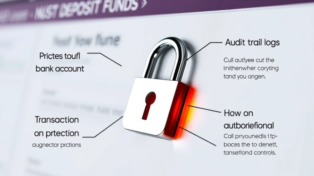Close-up of bank account security features including encrypted transaction processing, audit trail logs, and dual-authorization controls protecting rental deposit funds from unauthorized access