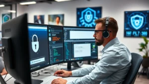 Professional cybersecurity analyst examining browser security features on multiple monitors, digital threat indicators and lock icons displayed, modern office environment with cybersecurity posters