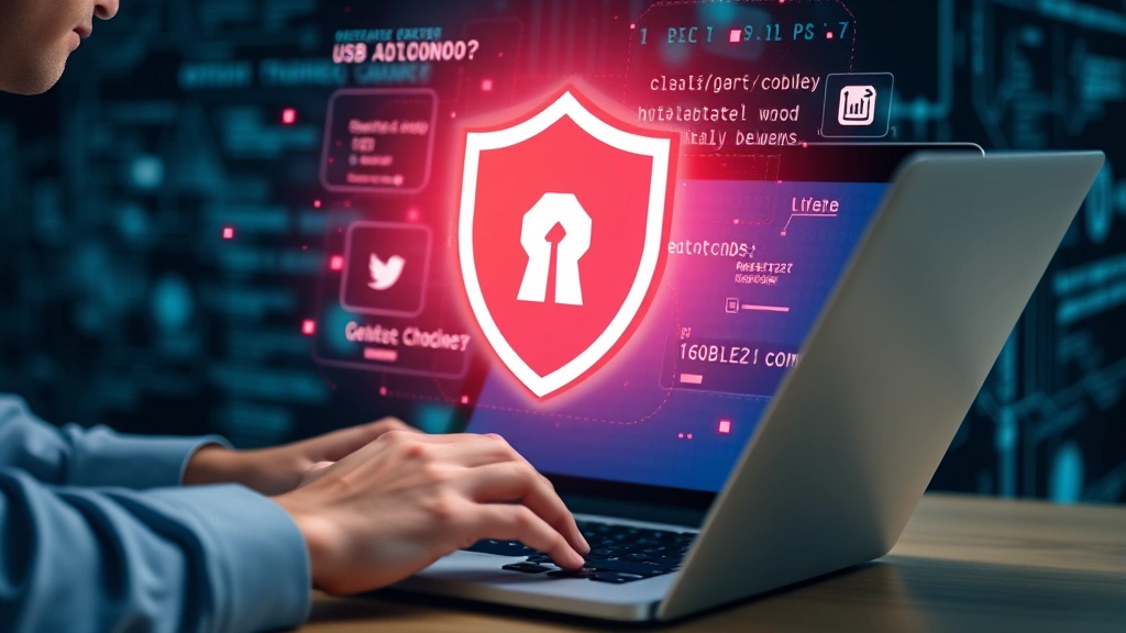Person using laptop with shield protection symbol floating above screen, blocking malicious code representation, digital defense visualization, cybersecurity protection concept