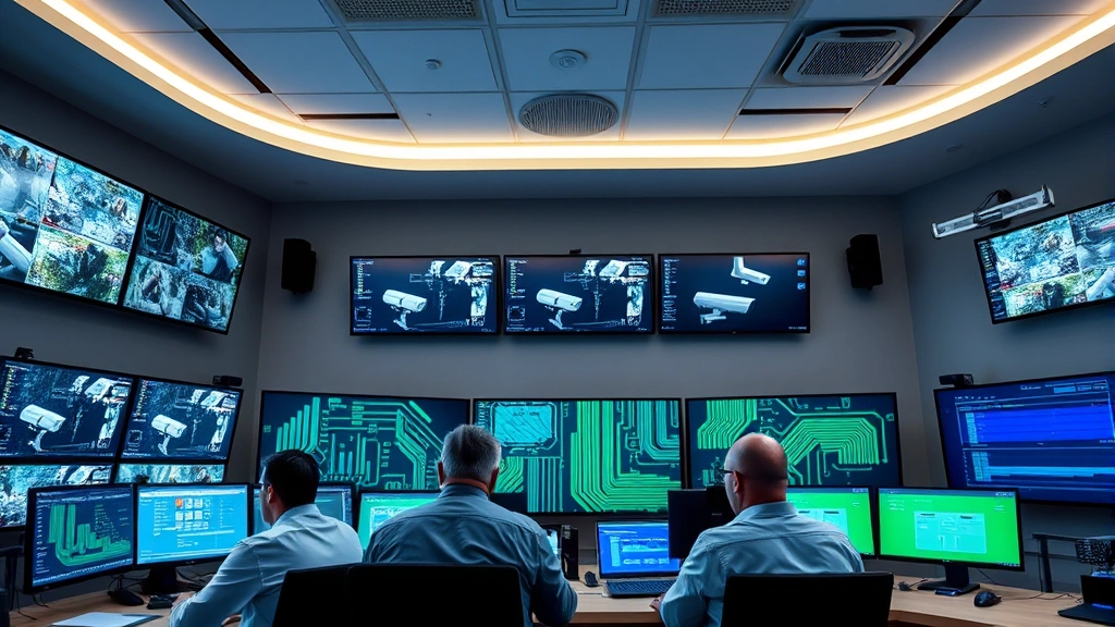 Professional security operations center with multiple Avigilon camera displays on walls, technicians monitoring network traffic, blue and green data visualization screens, modern control room environment, photorealistic high-quality image