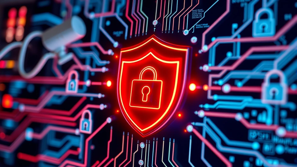 Close-up of network security infrastructure showing encrypted data transmission, firewall protection visualization, cybersecurity shield protecting connected IP cameras, digital locks and security elements, photorealistic technical environment