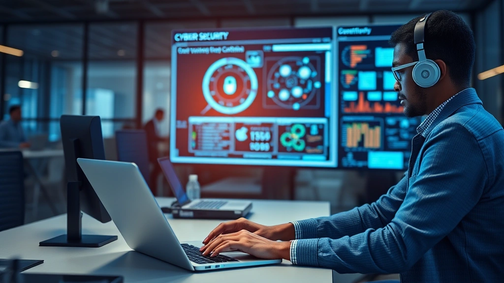 Cybersecurity expert conducting surveillance system vulnerability assessment with laptop and network diagnostic tools, professional office setting, security audit in progress, technical security analysis visualization, photorealistic professional environment