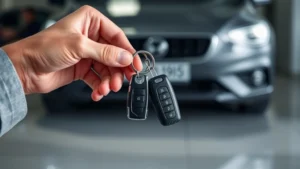 Close-up of hands holding rental car keys with vehicle blurred in background, professional lighting, showing security and trust concept