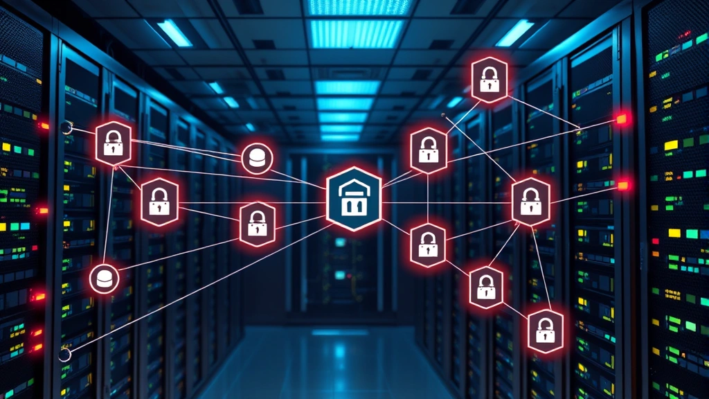 Photorealistic image of a network infrastructure diagram with interconnected nodes and security barriers, displaying data flow patterns and access control points in a modern data center environment