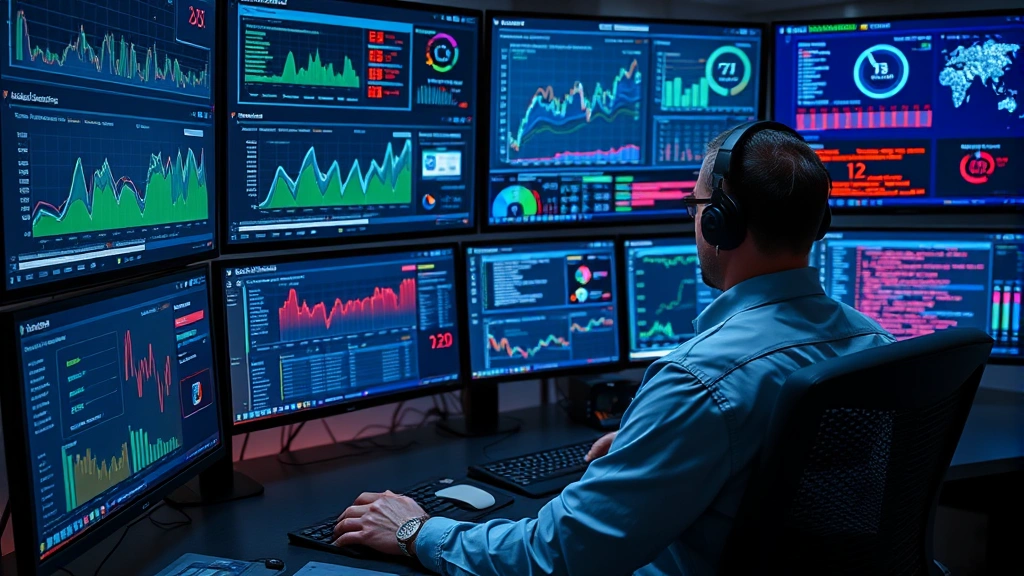 Photorealistic image of a cybersecurity professional monitoring multiple screens displaying network traffic analytics, security metrics dashboards, and real-time threat detection systems in a security operations center