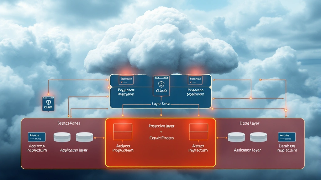 Photorealistic image of cloud infrastructure architecture with layered security zones, firewalls, and network segmentation showing data flow between application tiers and database layers with protective barriers