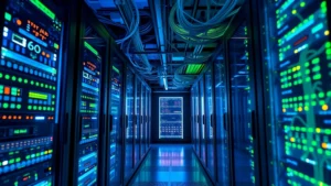 Professional data center with glowing security servers and network cables, blue and green ambient lighting, cybersecurity monitoring atmosphere, photorealistic high resolution
