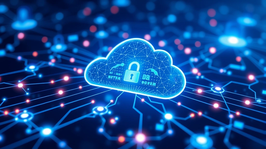 Cloud infrastructure visualization with interconnected security nodes and data flowing through secure pathways, digital security network diagram, glowing connection points and data centers, abstract yet technical