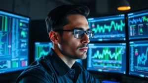 Professional cybersecurity analyst monitoring multiple computer screens displaying network traffic patterns, digital security dashboards with graphs and metrics, dimly lit security operations center with blue and green data visualizations reflecting on face