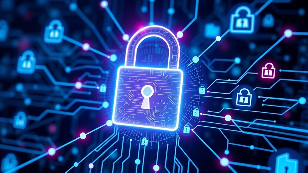 Digital lock mechanism with interconnected security nodes, flowing data streams with encryption symbols, abstract network visualization showing protected data pathways and firewall barriers in modern tech aesthetic