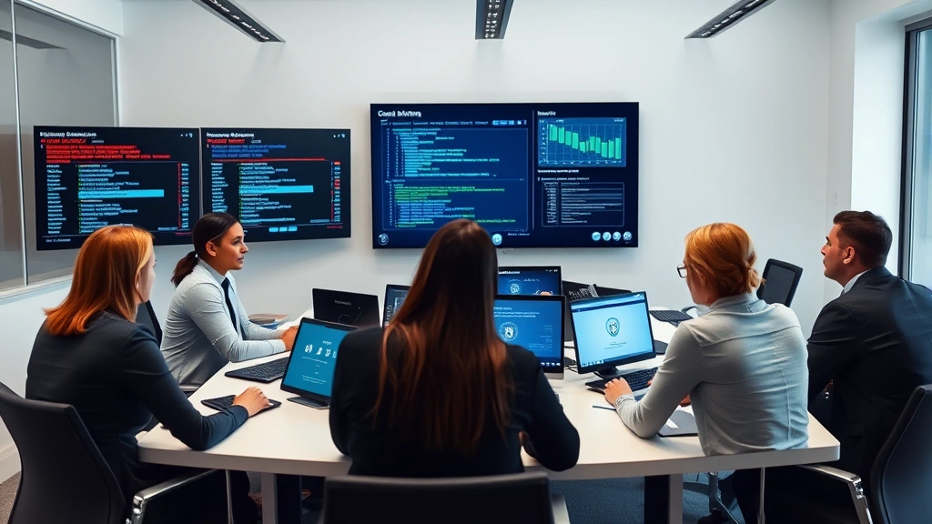 Team of security professionals in modern office conducting incident response meeting with security alerts displayed on wall monitors, collaborative security planning session with threat intelligence dashboards visible