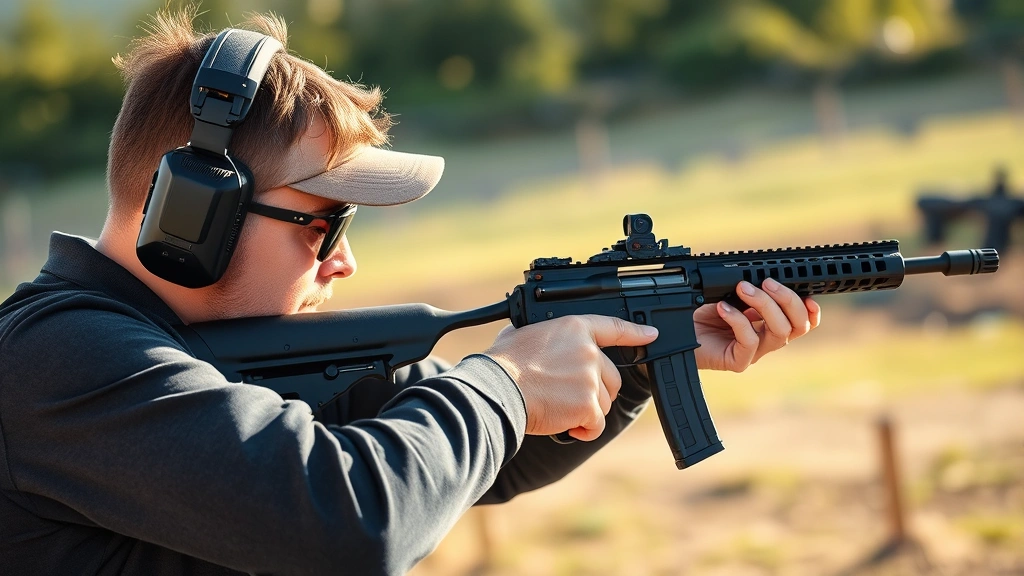 Professional competitive shooter at outdoor shooting range wearing electronic hearing protection devices, actively shooting rifle with proper stance, afternoon sunlight, clear focus on protective equipment fit