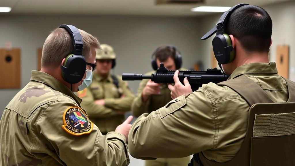 Tactical shooting instructor demonstrating hearing protection fit to group of students at indoor range, showing proper insertion technique and device positioning for maximum comfort and protection
