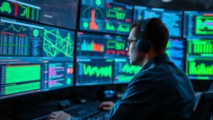 Professional cybersecurity analyst monitoring multiple screens displaying network traffic patterns, threat alerts, and security dashboards in a modern security operations center with blue and green data visualizations