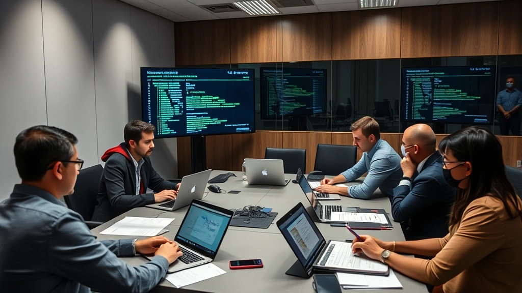 Team of security professionals in conference room conducting incident response meeting with laptops, tablets, and security documentation visible, collaborative atmosphere focused on threat mitigation