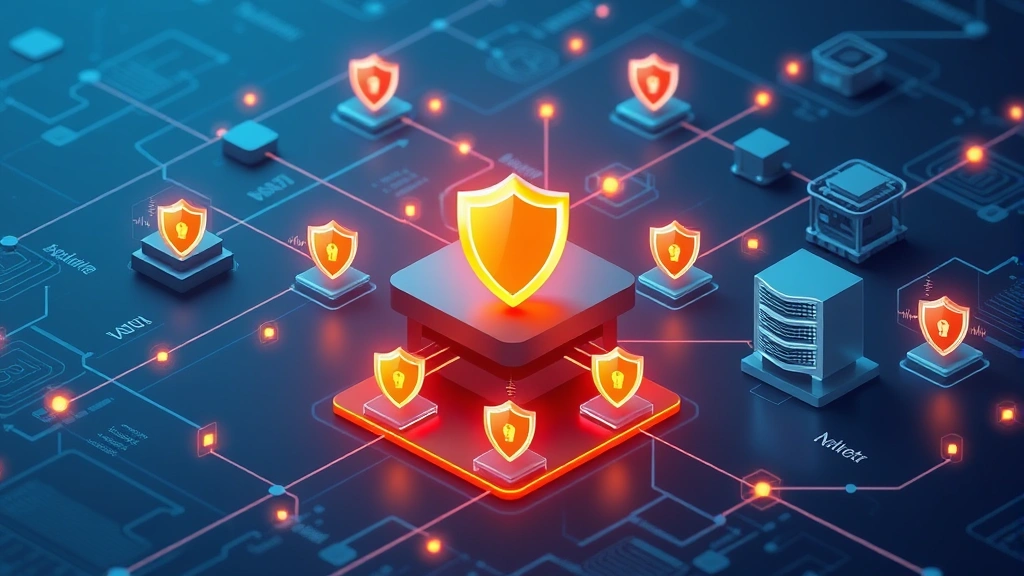 Advanced security infrastructure visualization showing interconnected nodes, firewalls, servers, and security layers with digital shield symbols protecting critical data assets and network segments