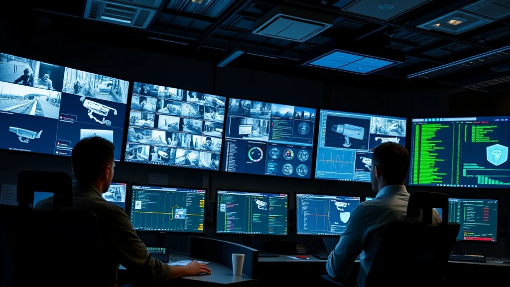 Network security operations center with multiple monitors displaying camera feeds and network traffic analysis, professional IT team monitoring surveillance systems, cybersecurity dashboard with green and red indicator lights, sophisticated monitoring environment