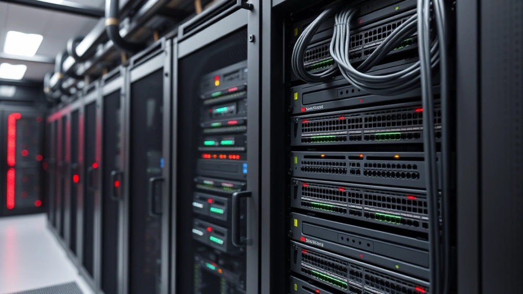 Data center server rack with network cables and security infrastructure, professional networking equipment with LED indicators, secure server environment with proper cable management and physical security measures, enterprise-grade surveillance system deployment
