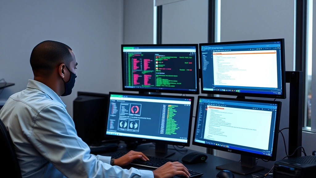 Cybersecurity specialist working at workstation with security monitoring software, IT professional analyzing network traffic and security logs, person reviewing authentication attempts and access controls on multiple displays, technical security operations environment