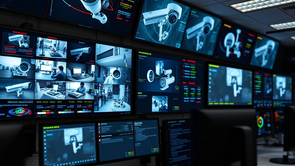 Close-up of network security monitoring dashboard displaying real-time camera feed alerts and threat detection indicators, professional surveillance control room environment with multiple screens showing security status