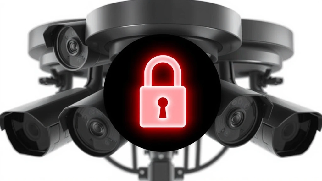Padlock and encryption symbol overlaid on professional surveillance camera equipment, representing secure video streaming and encrypted communications between devices and central monitoring system