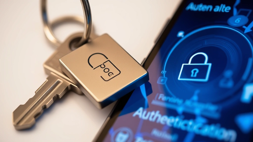 Close-up of a modern security key and smartphone displaying authentication interface, symbolizing multi-factor authentication and secure access control in contemporary cybersecurity
