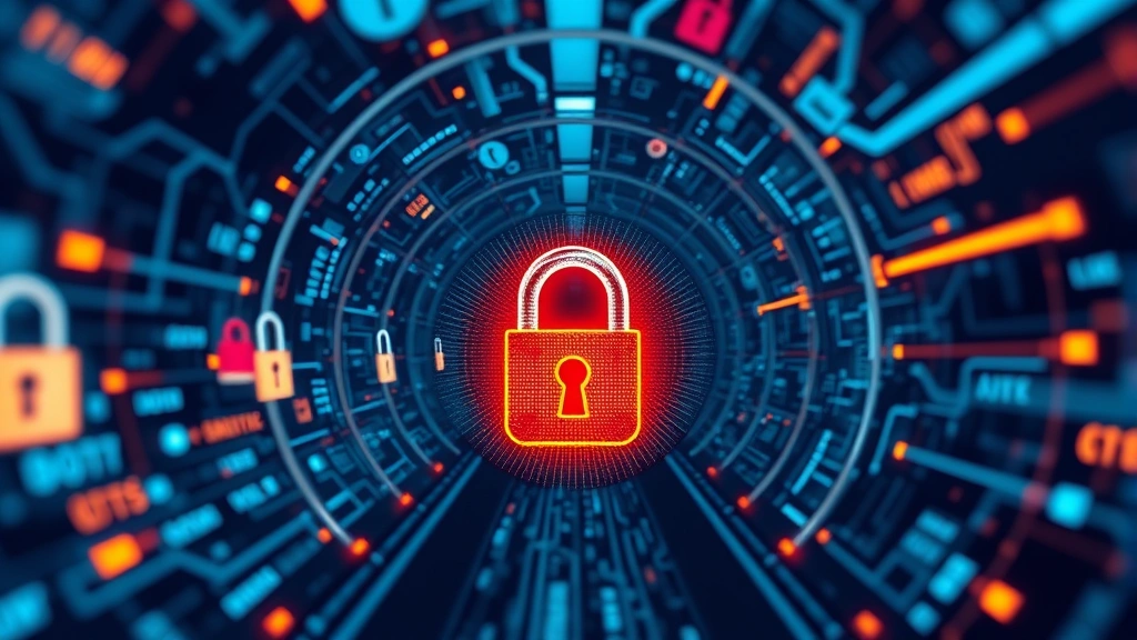 Abstract visualization of encrypted data transmission through a secure tunnel with digital locks and padlocks, depicting data in transit encryption and network security protection