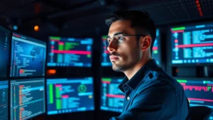 Cybersecurity professional monitoring multiple screens displaying network traffic and security alerts in a darkened data center, focused expression, professional attire, realistic lighting