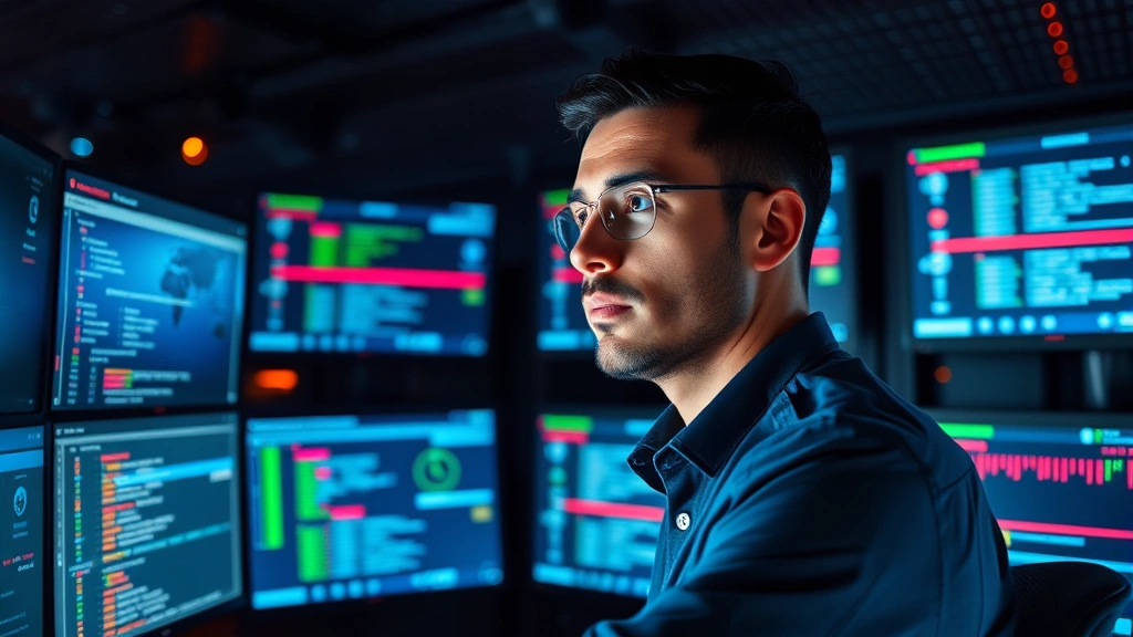 Cybersecurity professional monitoring multiple screens displaying network traffic and security alerts in a darkened data center, focused expression, professional attire, realistic lighting