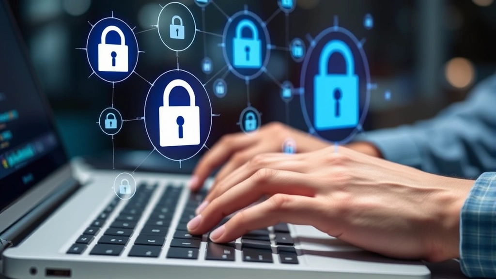 Close-up of hands typing on a keyboard with holographic security icons and lock symbols floating above, representing data encryption and protection in modern workspace