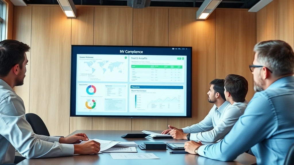 Team of security analysts in conference room reviewing compliance documents and security audit reports on a large display screen, collaborative atmosphere, professional environment