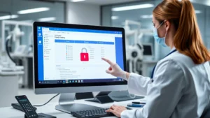 Healthcare professional securely logging into EHR system on desktop computer with encryption padlock visible, modern office environment with medical equipment in background