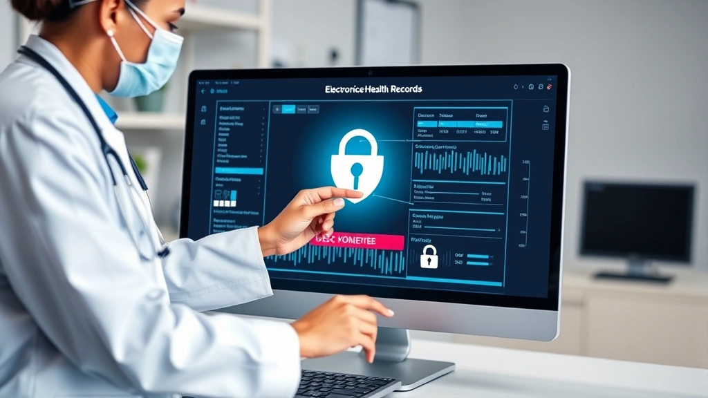 Healthcare professional accessing secure electronic health records system on modern computer with encrypted connection indicator visible, professional medical office environment, cybersecurity protection concept