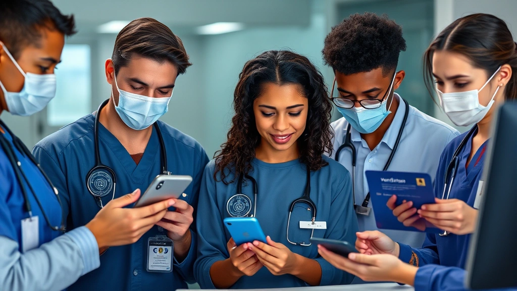Diverse medical team members using multi-factor authentication on mobile devices and computers, displaying security verification screens with biometric scanners and authentication prompts