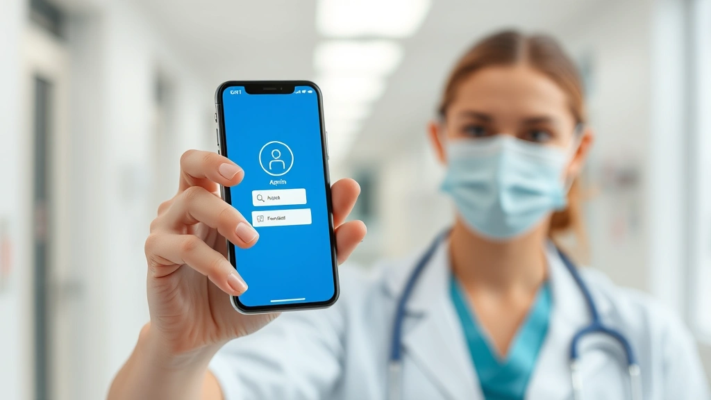 Medical staff member using authenticator app on smartphone for multi-factor authentication login, secure healthcare facility background, digital security and identity verification